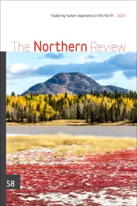 Cover of The Northern Review, issue 58. Photo of green, yellow, and red autumn colours in front of a mountain