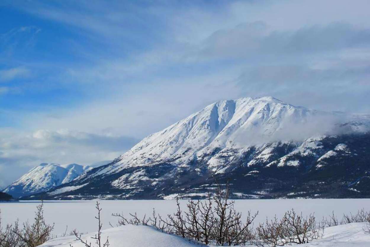 Snowy mountain behind a frozen Bennett Lake with blue sky and light clouds above