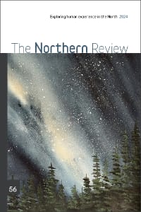 Cover of The Northern Review issue 56, featuring a painting of northern lights and stars above a forest