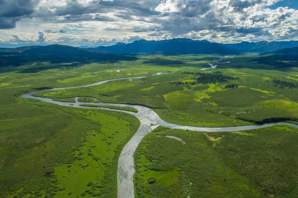 A snaking river cuts through a lush green landscape with hazy blue mountains seen on the horizon