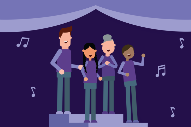 An illustration of four people standing on risers and singing. Music notes hang in the air around them.