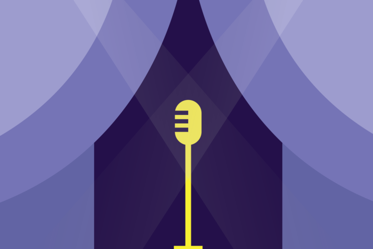Illustration of a yellow microphone in the middle of a stage with purple curtains