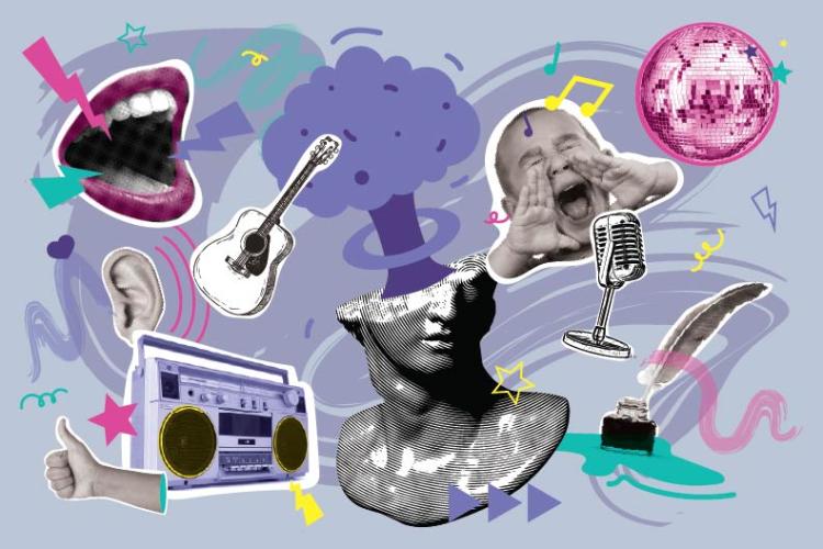 A collage of vibrant visual elements, including a hand giving a thumbs-up, a broken stone bust, a feather quill in a bottle of ink, a child yelling, a guitar, and an open mouth with red lips