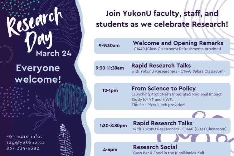 Research Day. March 24. Everyone welcome! For more info: sag@yukonu.ca, 867-334-6382. Join YukonU faculty, staff, and students as we celebrate Research!